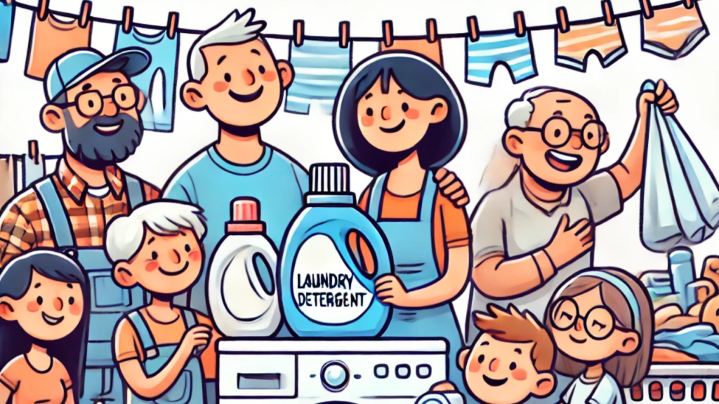 A diverse group of smiling people around a washing machine with laundry detergent, representing community support for a Sudz Fundraising campaign.