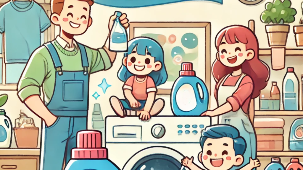 Happy family in a laundry room holding detergent bottles, illustrating a cheerful and successful laundry detergent fundraising campaign. 