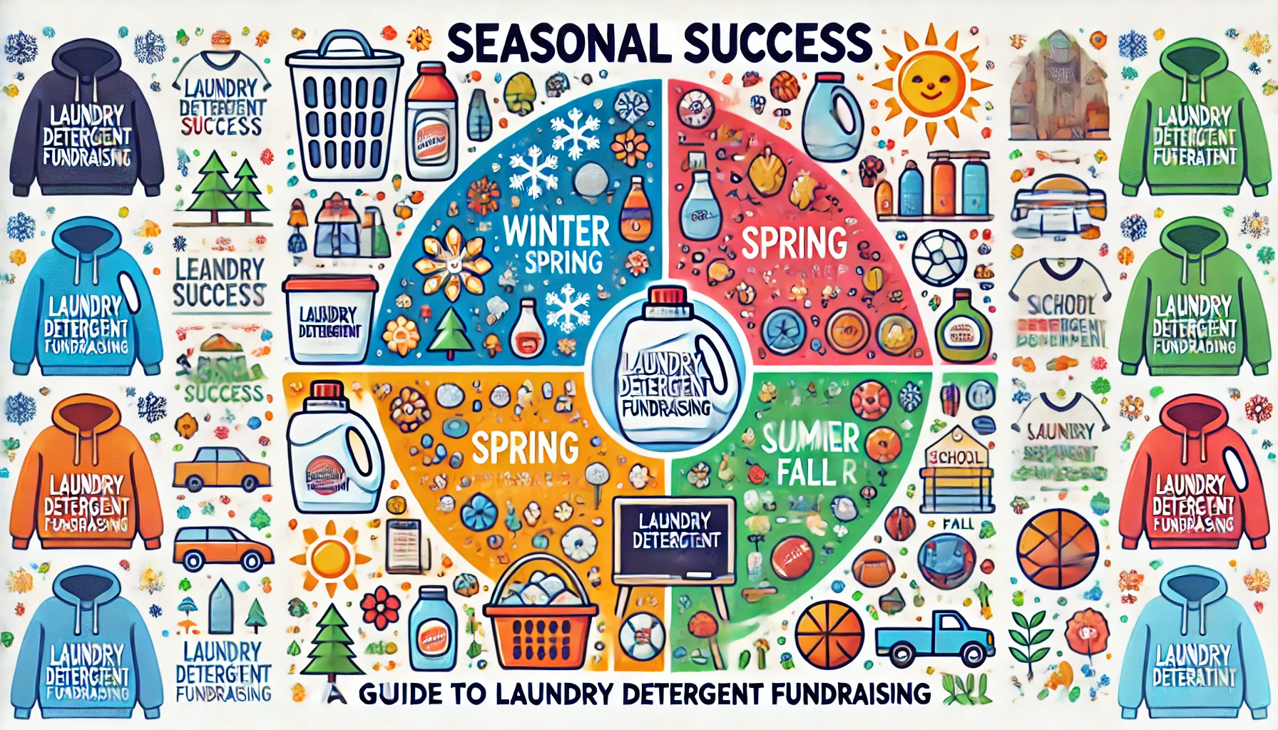 Four seasons fundraising guide for a laundry detergent fundraising program, showing strategies for winter, spring, summer, and fall.