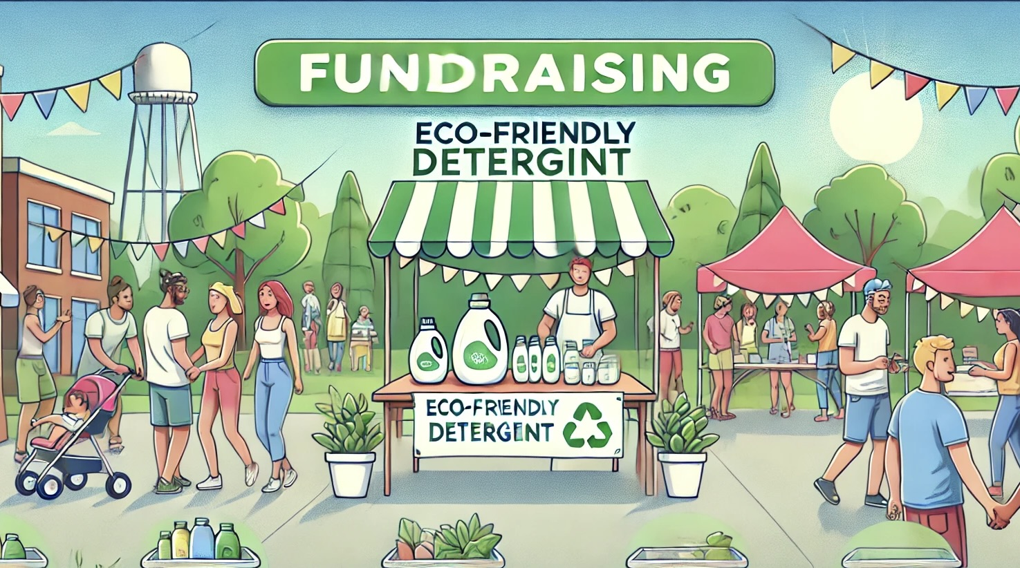 Community members gathered at an eco-friendly detergent fundraiser with reusable decorations like potted plants and fabric banners, promoting sustainable fundraising.