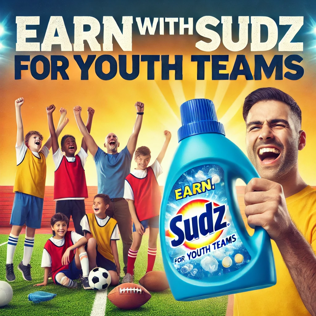 Coach celebrating with youth team holding Sudz detergent for fundraising