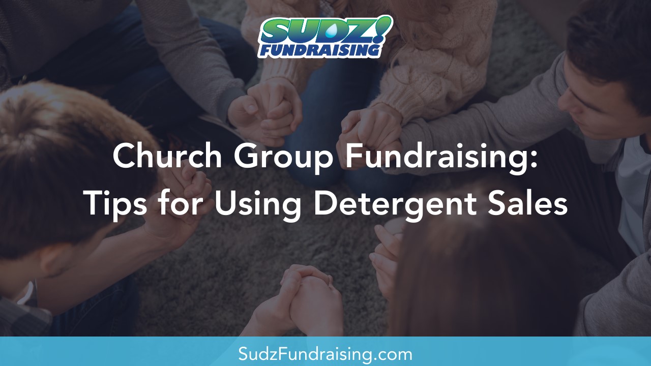 Church group members collaborating on a detergent fundraising project