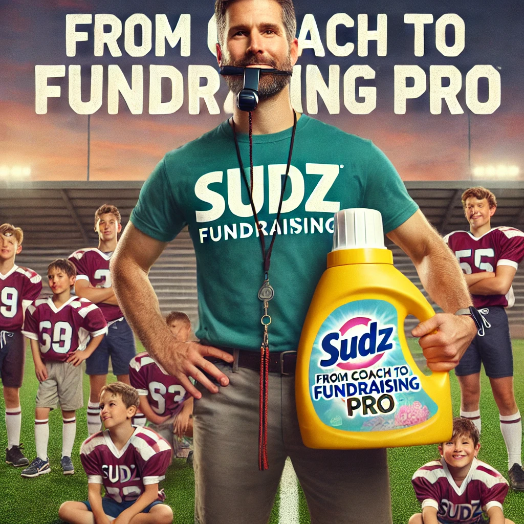 A coach stands on a sports field, holding a bottle of Sudz laundry detergent alongside young athletes, promoting a fundraiser to support youth sports.