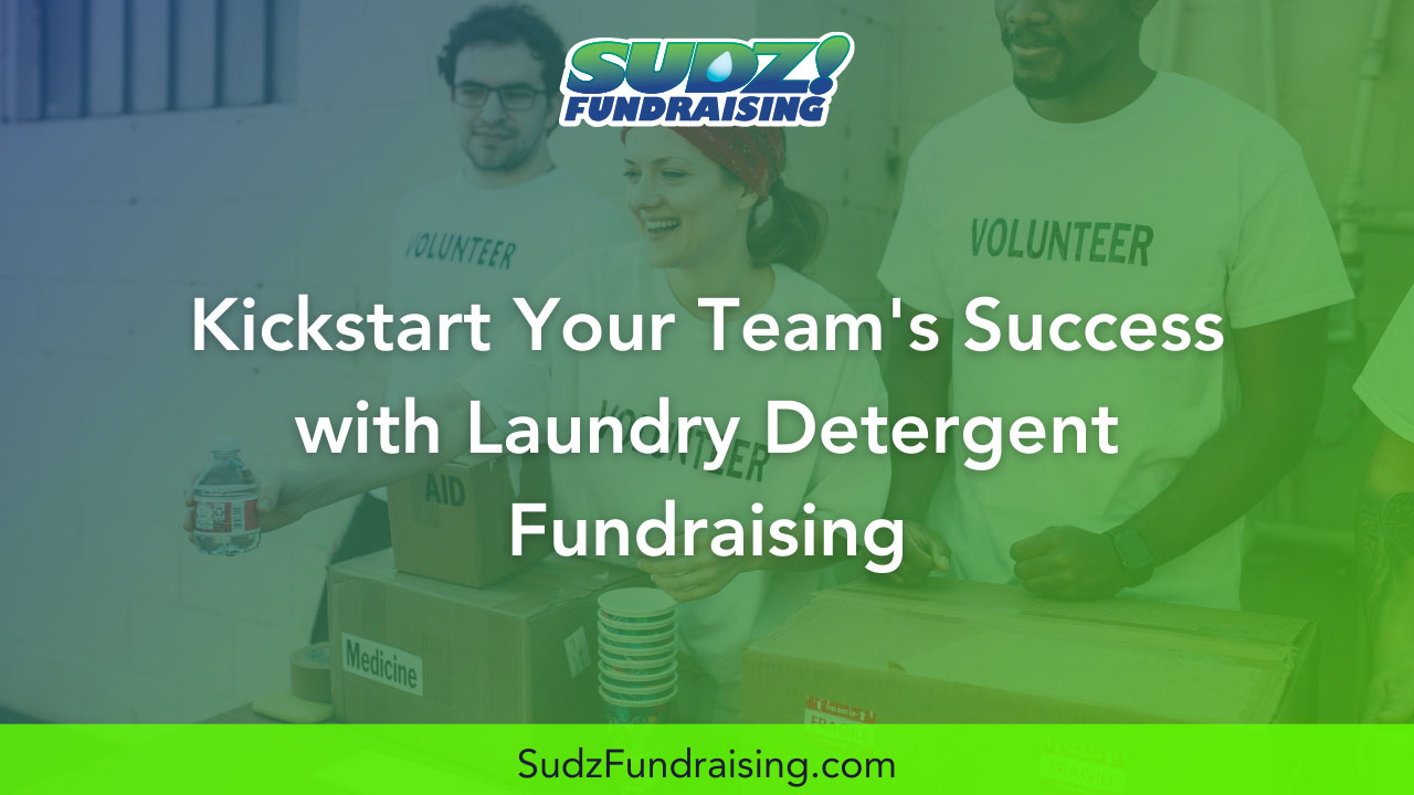 Team members promoting their successful laundry detergent fundraiser with products and smiles.