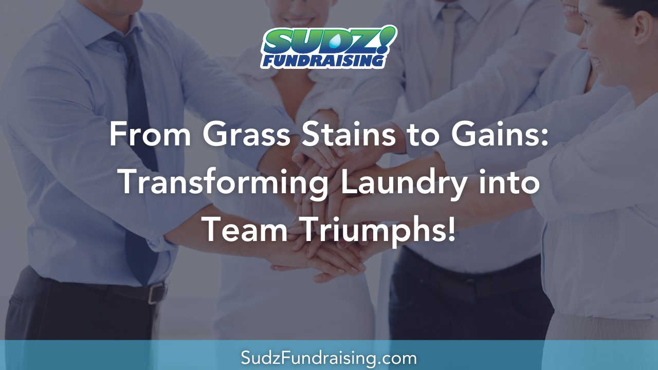 A vibrant community fundraising event showcasing Sudz Fundraising laundry detergent products, with enthusiastic team members promoting their fundraiser.