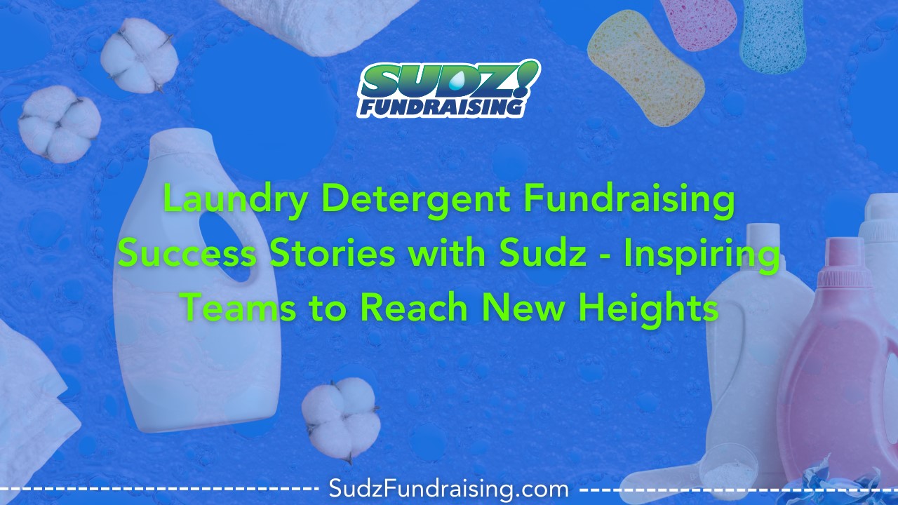 A group of smiling youth team members holding Sudz laundry detergent products, celebrating their fundraising success.