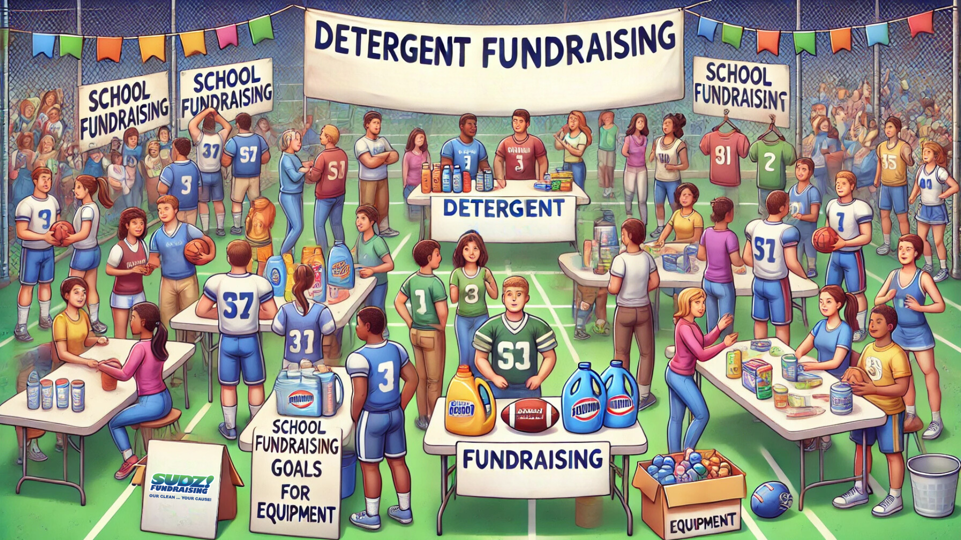 Sports teams and coaches gathered at a school event, promoting detergent fundraising with banners, sales tables, and detergent products displayed.