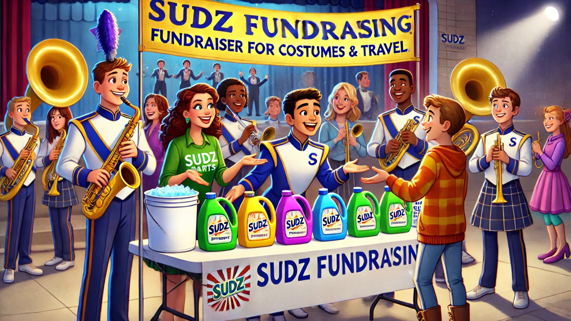 High school band and theater members smiling and selling detergent at a fundraising table after a performance, engaging with enthusiastic community supporters.