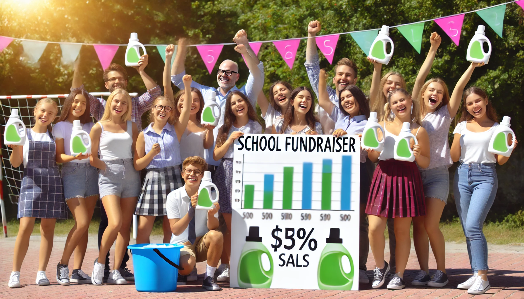 Group of students celebrating success in achieving school fundraising goals