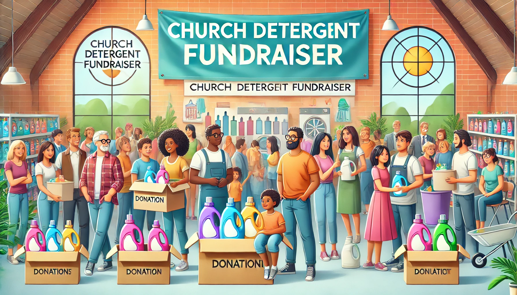 Volunteers at a church detergent fundraiser working together to collect and distribute detergent bottles, fostering community impact.