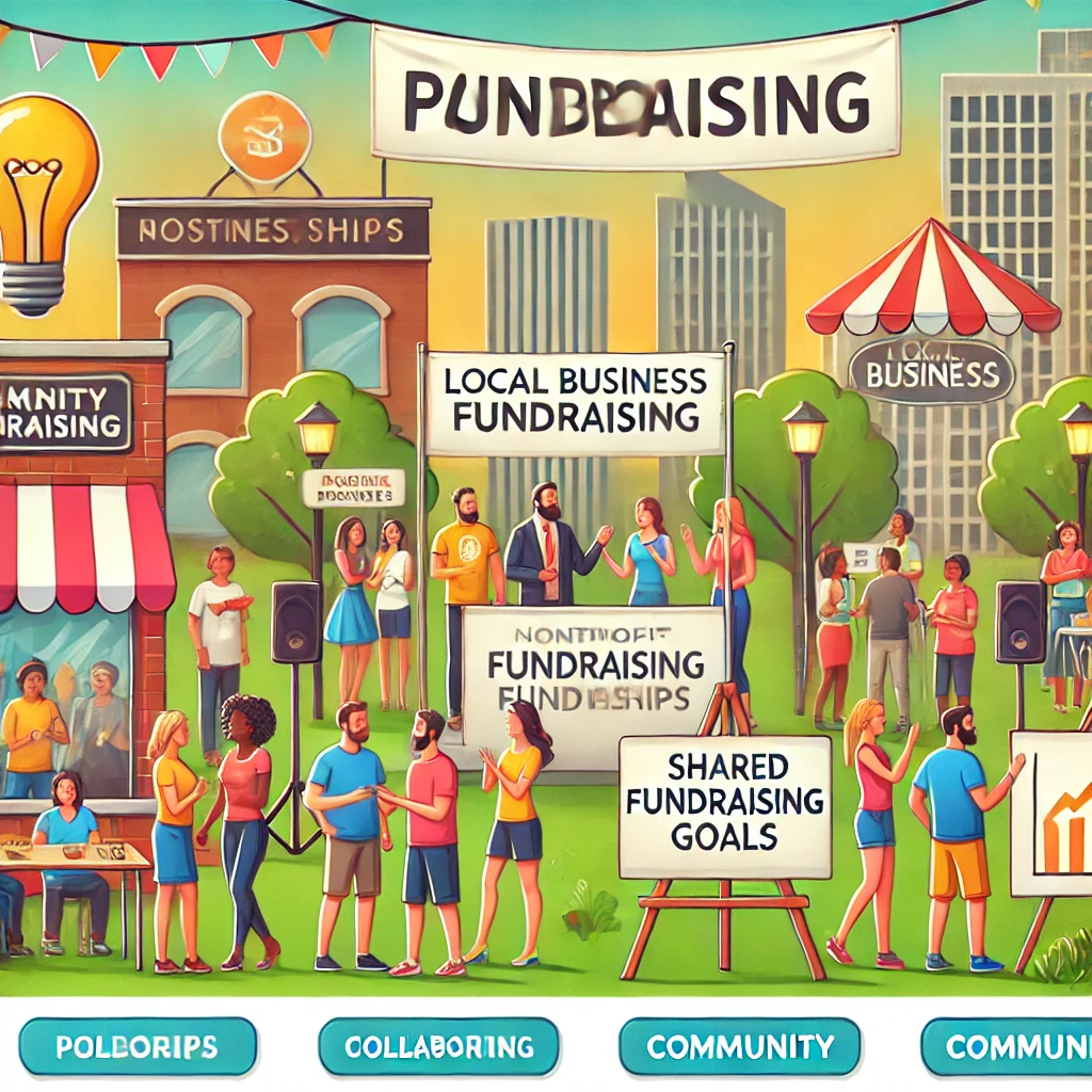 Illustration of a Community Partnership Fundraising event with diverse participants collaborating to support local causes.