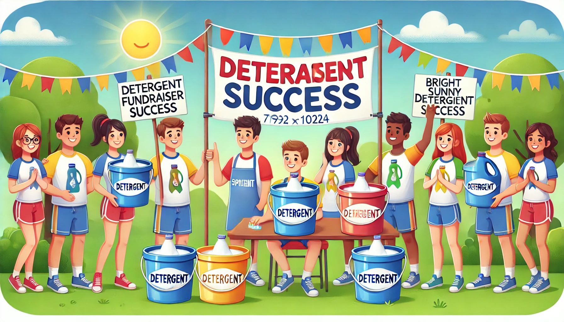 Cheerful sports team achieving detergent fundraiser success by selling large detergent buckets to an enthusiastic community outdoors.