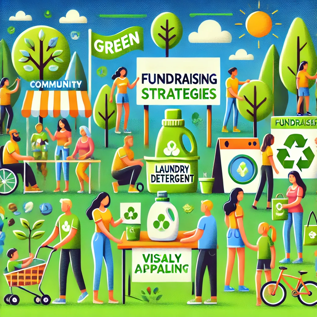 An illustration showcasing eco-friendly fundraising strategies, including community activities, green product purchases, and environmental awareness.