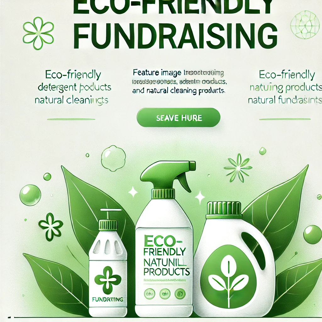 Eco-friendly detergent bottles and green leaves on a white background for non-profit fundraising