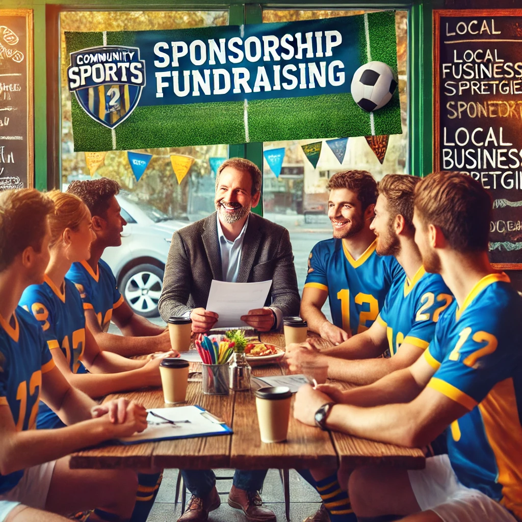 A sports team meeting with a local business owner to discuss sponsorship fundraising opportunities.