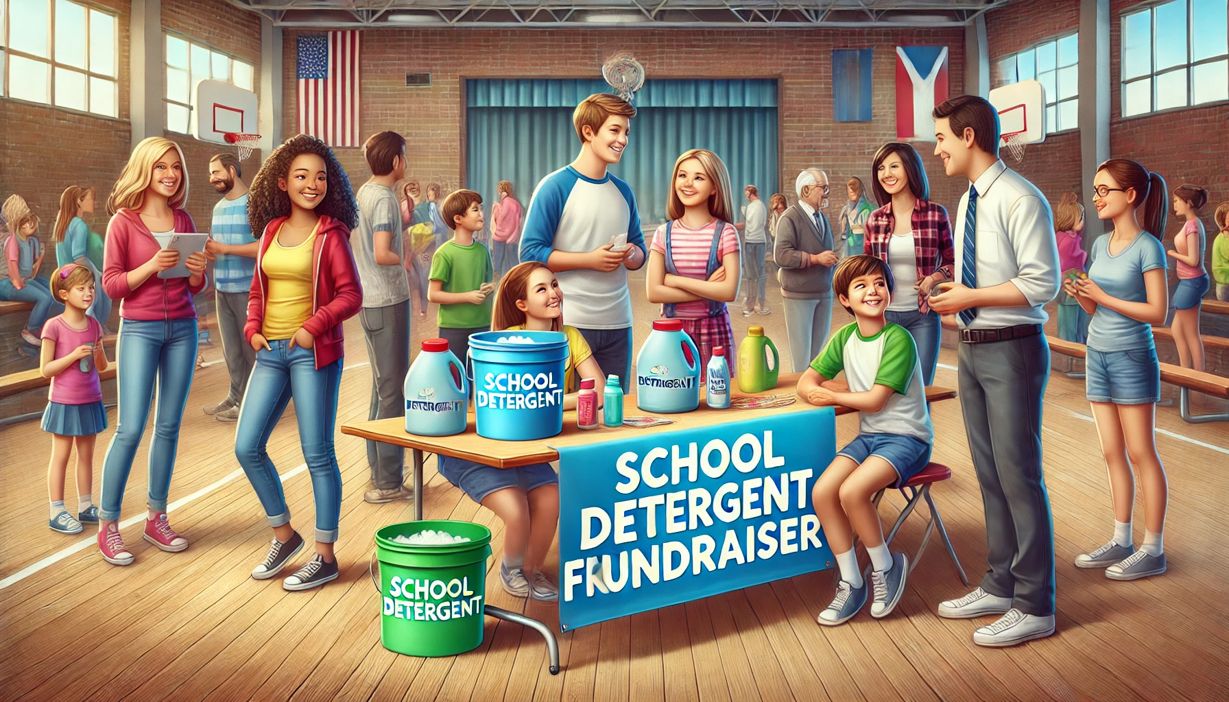 Students and teachers working together in a school detergent sales fundraiser